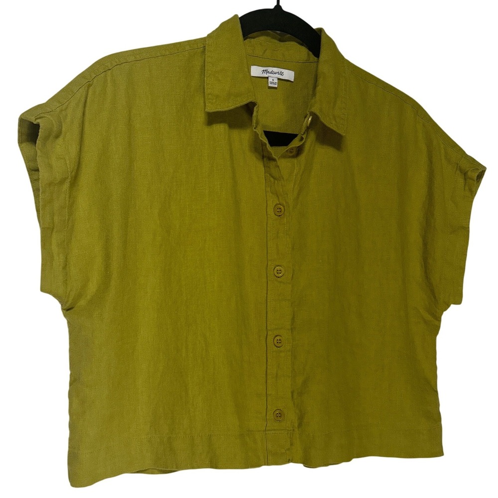 Madewell 100% Linen Short Sleeve Button Down Shirt Chartreuse Size S Retail: $44
